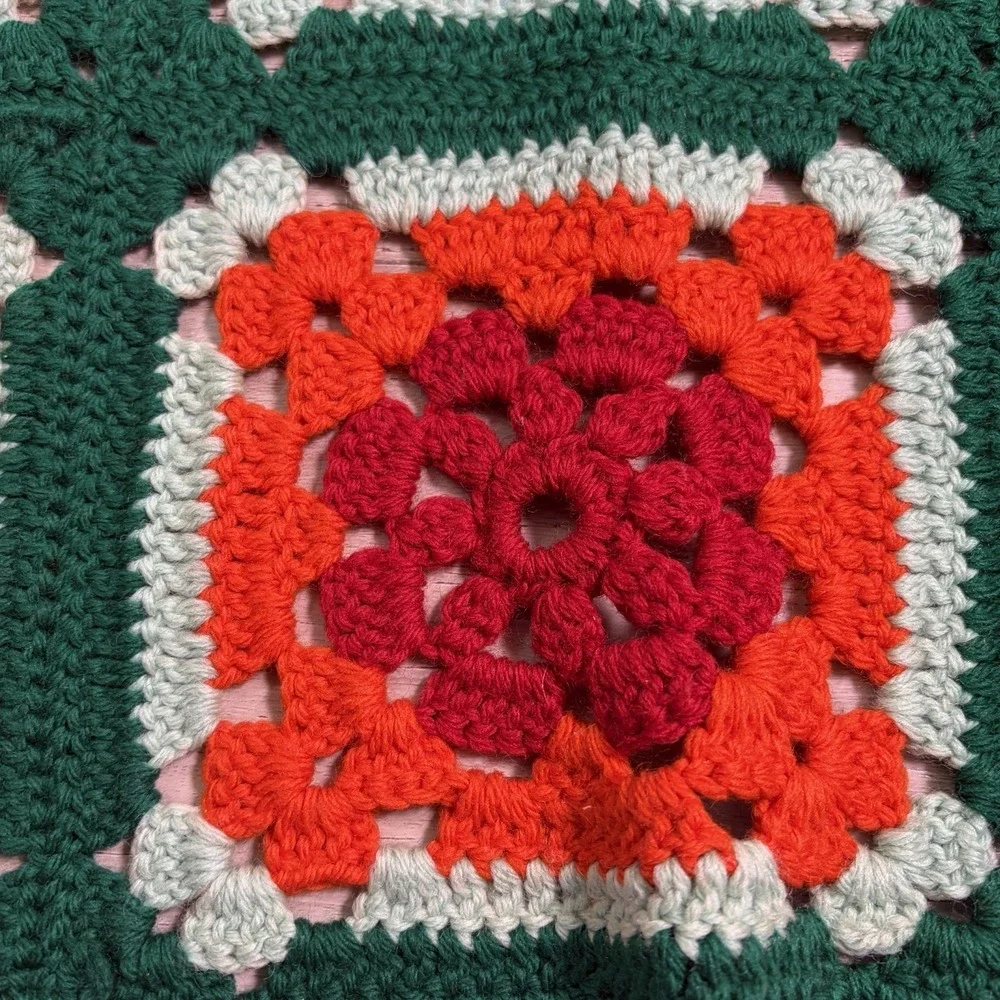 Vintage Handmade Crochet Granny Square Afghan Green &‎ Orange Lap Retro 54x45